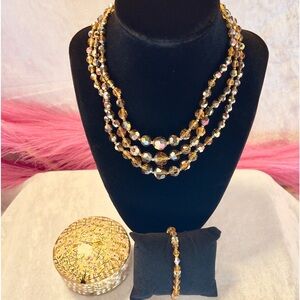 Vintage Stunning Smokey Topaz Triple Strand AB Necklace Married W Bracelet